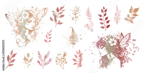 Magical Fairies - Silhouettes of little fairy girls surrounded by plants illustrations. Various grasses and plants for magical fairy kingdoms. Fantasy characters for magical designs. 