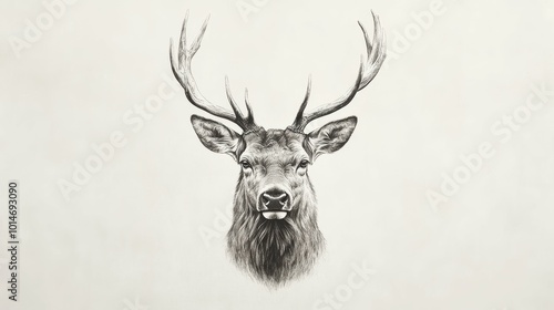 A majestic stag with antlers raised, depicted in strong, dramatic lines against a white backdrop