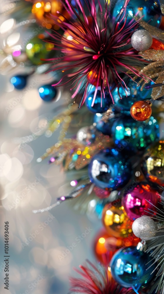 Naklejka premium Close-up of colorful Christmas ornaments and tinsel, creating a festive and vibrant holiday atmosphere with a blurred background.