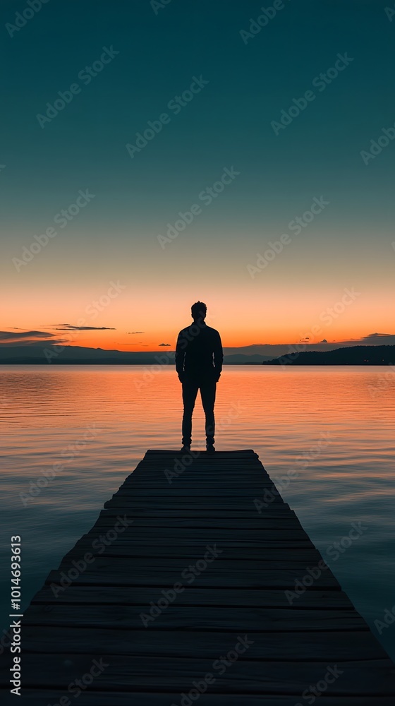 A man stands at the end of an endless pier above calm waters, gazing at the horizon where day meets night A man stands at the end of an endless pier above calm waters, gazing at the horizon where day meets night