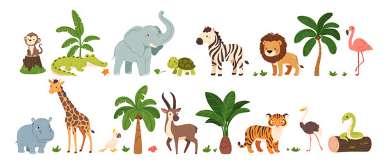 Foto auf Acrylglas Zoo Jungle animals. Cute safari wild mammals. Funny exotic mammal, bird and reptile. Elephant, parrot, lion, crocodile, turtle and palm tree. Kids vector set  © Foxy Fox