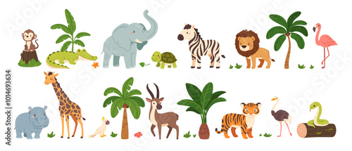 Jungle animals. Cute safari wild mammals. Funny exotic mammal, bird and reptile. Elephant, parrot, lion, crocodile, turtle and palm tree. Kids vector set