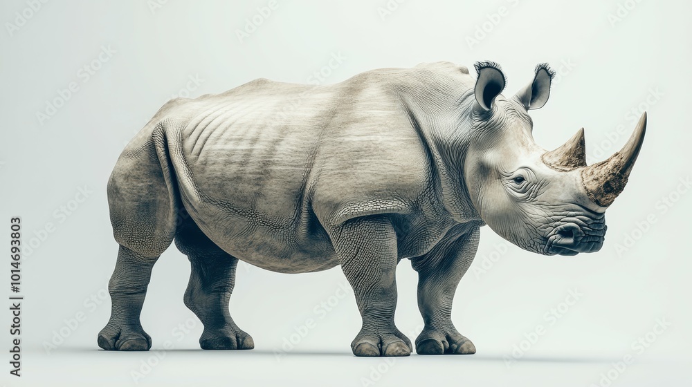 Fototapeta premium A bold and powerful rhinoceros with strong, defined features, set on a white backdrop