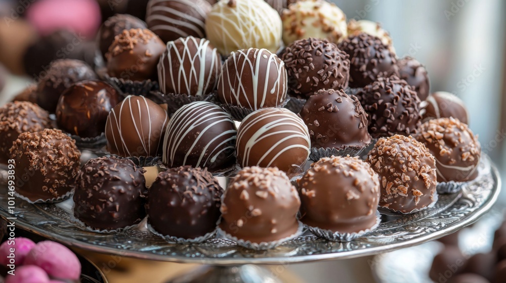 Assorted chocolate truffles beautifully arranged on a platter. Sweets, confectionery and treats Assorted chocolate truffles beautifully arranged on a platter. Sweets, confectionery and treats