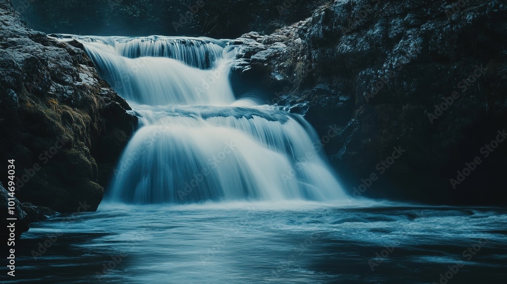 Fototapeta premium A tranquil waterfall cascading over rocks into a serene pool beneath a misty forest canopy in the early morning light