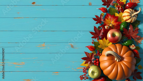 halloween background with pumpkins on blue wooedn background with copy-space, autumn leaves, fall photo