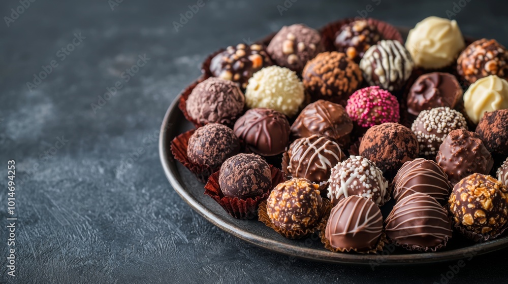 Assorted chocolate truffles beautifully arranged on a platter. Sweets, confectionery and treats Assorted chocolate truffles beautifully arranged on a platter. Sweets, confectionery and treats