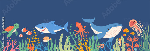 Sea underwater animals. Marine life seamless border with ocean fish, plants, algae, coral, nature flora. Childish whale, turtle, jellyfish. Vector concept