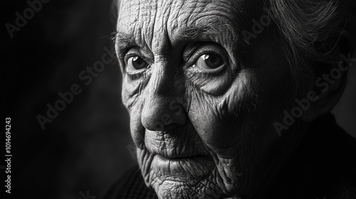 An elderly woman with deep-set wrinkles gazes thoughtfully into the distance, capturing a moment of wisdom and experience in soft light