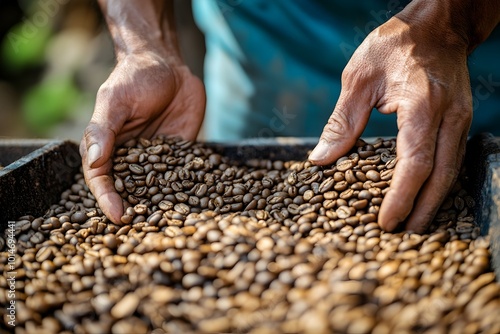 Skilled Hands Meticulously Sorting Coffee Beans by Size and