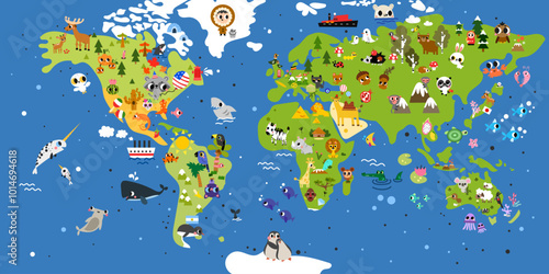 Big colorful world vector kid map with animals, insects, holidays, food, Cartoon background education kid room, wallpaper, printable page.