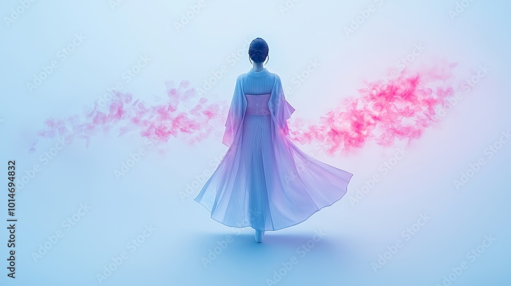 Obraz premium Woman in Kimono with Pink Sakura Blossoms