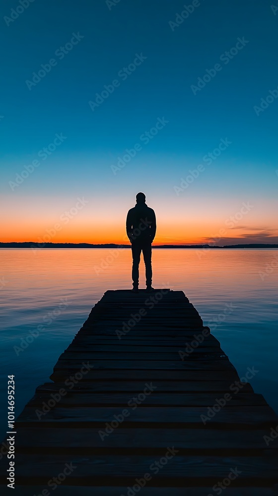 A man stands at the end of an endless pier above calm waters, gazing at the horizon where day meets night A man stands at the end of an endless pier above calm waters, gazing at the horizon where day meets night