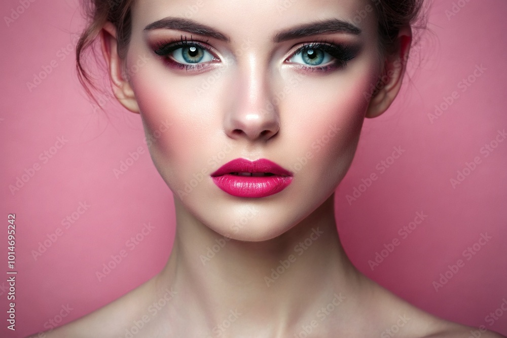 A woman with a pink face and blue eyes A woman with a pink face and blue eyes