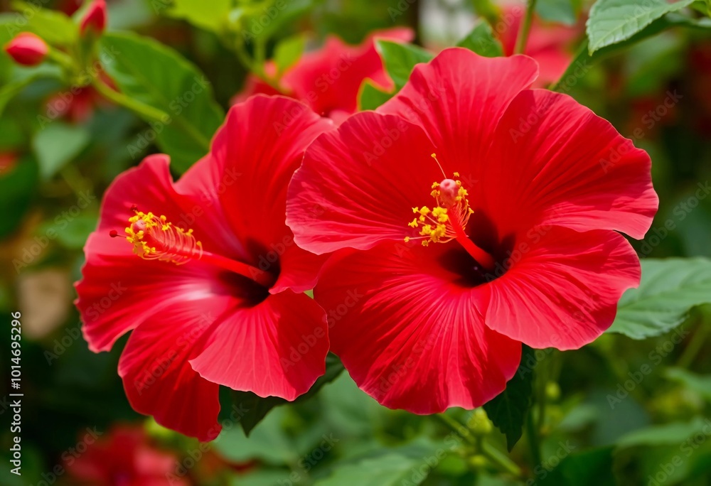 Bright red hibiscus flowers showcase intricate petals in flourishing garden. The lush greenery creates a vibrant backdrop for their beauty. Hibiscus is large genus of plants in Malvaceae family. AI Bright red hibiscus flowers showcase intricate petals in flourishing garden. The lush greenery creates a vibrant backdrop for their beauty. Hibiscus is large genus of plants in Malvaceae family. AI