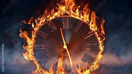 A clock encircled by flames, symbolizing urgency or the passage of time in a dramatic, fiery setting.