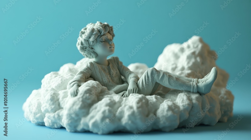 Tranquil Toy Figure Relaxing on Fluffy Cloud with Serene Expression in Peaceful Setting