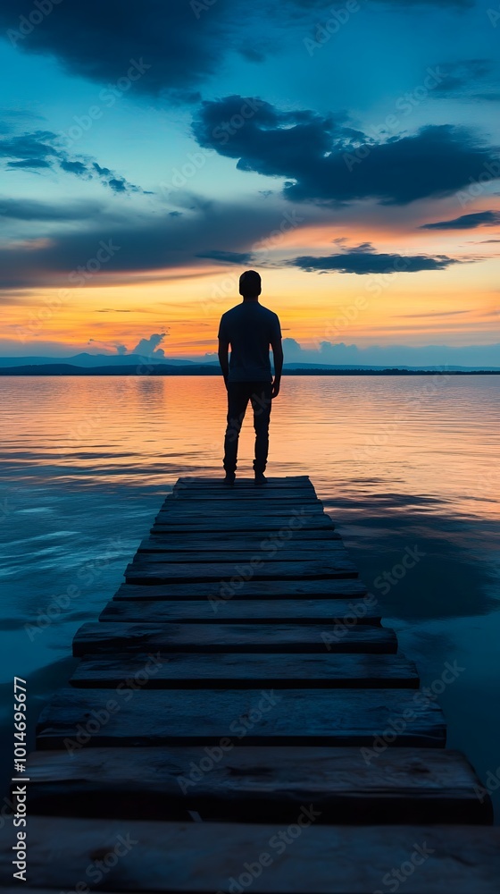 A man stands at the end of an endless pier above calm waters, gazing at the horizon where day meets night A man stands at the end of an endless pier above calm waters, gazing at the horizon where day meets night