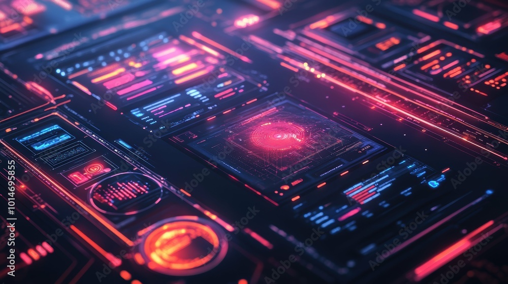 Futuristic Interactive Digital Marketing Campaign Layout on Dark Gradient Background Futuristic Interactive Digital Marketing Campaign Layout on Dark Gradient Background