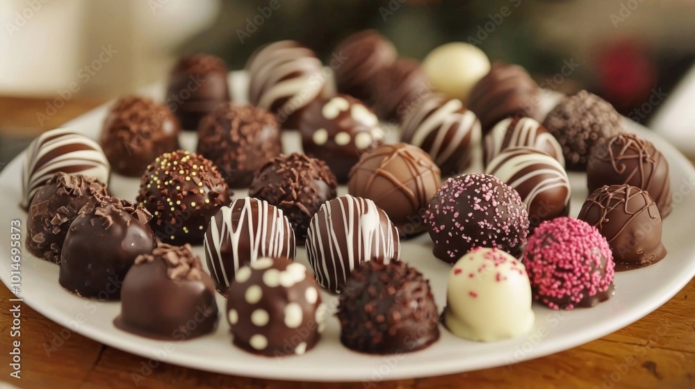 Assorted chocolate truffles beautifully arranged on a platter. Sweets, confectionery and treats Assorted chocolate truffles beautifully arranged on a platter. Sweets, confectionery and treats