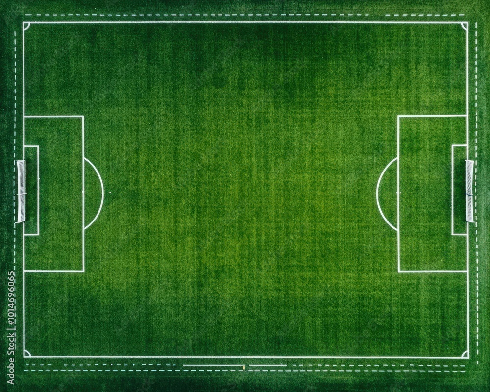 Obraz premium Aerial view of a green football field with white lines, empty except for a few players training in the distance, captured from directly overhead by a drone