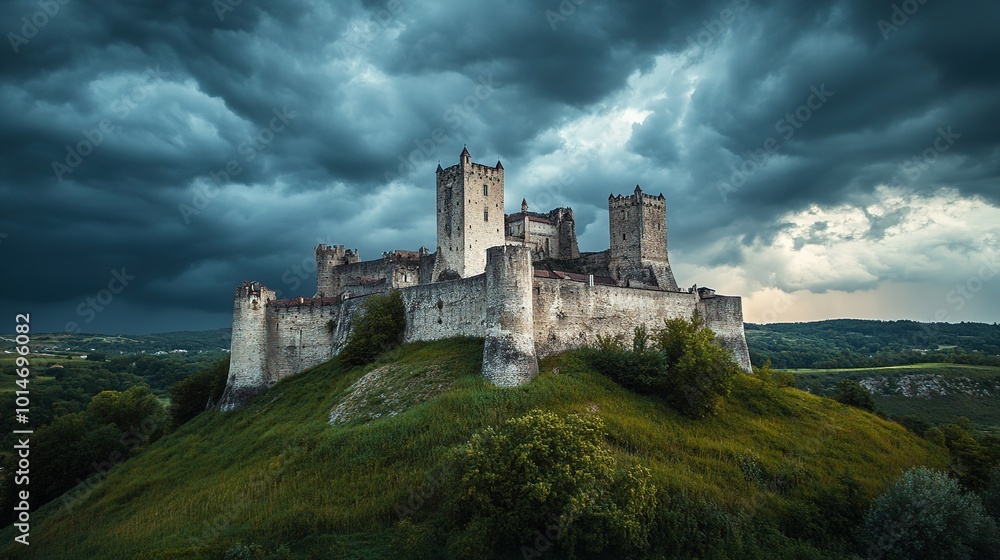 Ancient stone castle on a hillside under dramatic storm clouds in a remote landscape at dusk Ancient stone castle on a hillside under dramatic storm clouds in a remote landscape at dusk