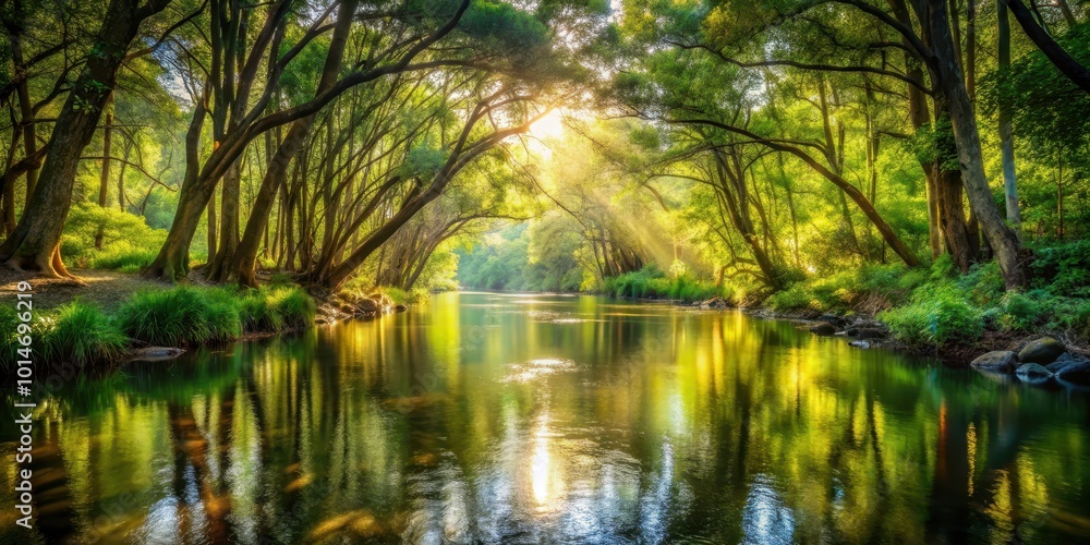 Serene river winding through dense forest with sunlight filtering through trees creating dappled patterns on water, river Serene river winding through dense forest with sunlight filtering through trees creating dappled patterns on water, river