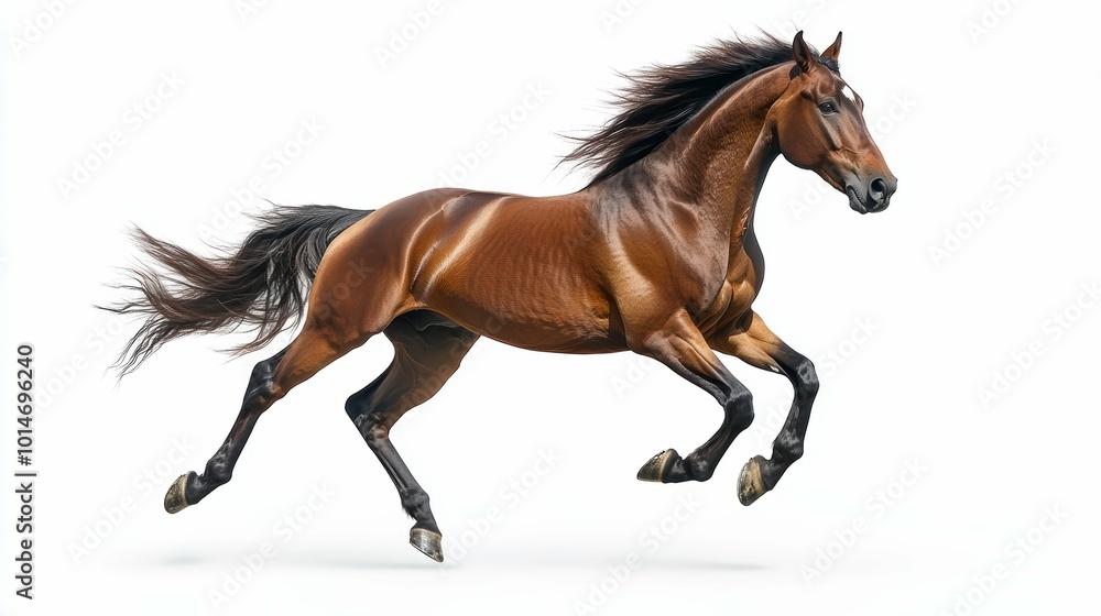 A powerful stallion rearing up, rendered with dynamic energy and detail on a clean white backdrop A powerful stallion rearing up, rendered with dynamic energy and detail on a clean white backdrop