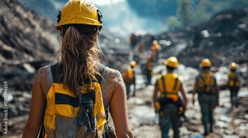 A community coming together to support each other after a natural disaster, with rescue workers and volunteers aiding those affected