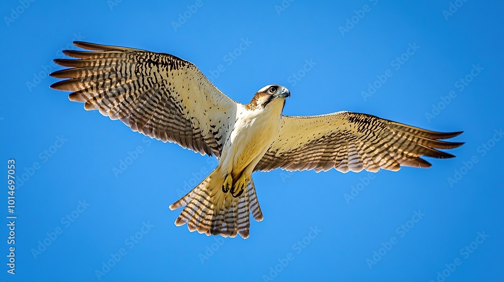 Fototapeta premium A graceful bird in flight against a bright blue sky, showcasing its distinctive plumage and wings during a sunny day