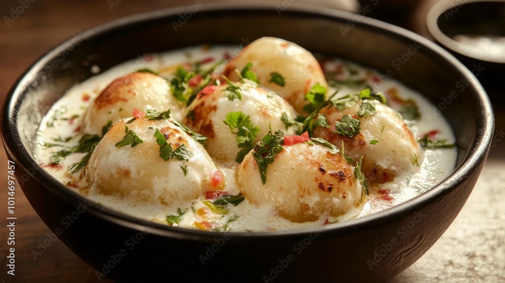 A bowl of creamy white sauce with fried potato balls and chopped parsley. A bowl of creamy white sauce with fried potato balls and chopped parsley.