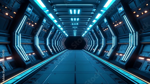 Futuristic spaceship corridor with blue lights, metal walls, and a dark opening at the end.