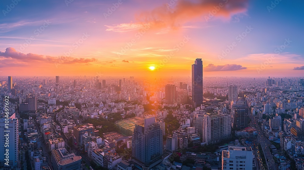 Fototapeta premium Stunning sunset over a bustling city skyline reflecting on the water's surface