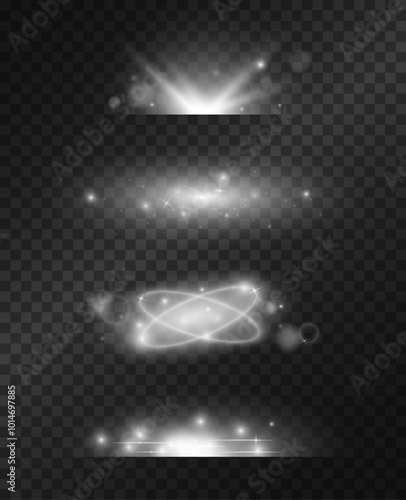 Silver sparkles and light effect on a transparent background. Glowing space dust particles in vector. Star burst with sparkles and flash lights.