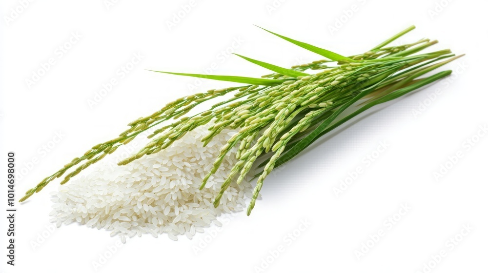 A bunch of rice stalks with grains and white rice scattered beneath them. A bunch of rice stalks with grains and white rice scattered beneath them.