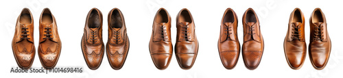 pair of brown leather men’s shoes isolated on a transparent or white background, top view, cut-out, PNG 