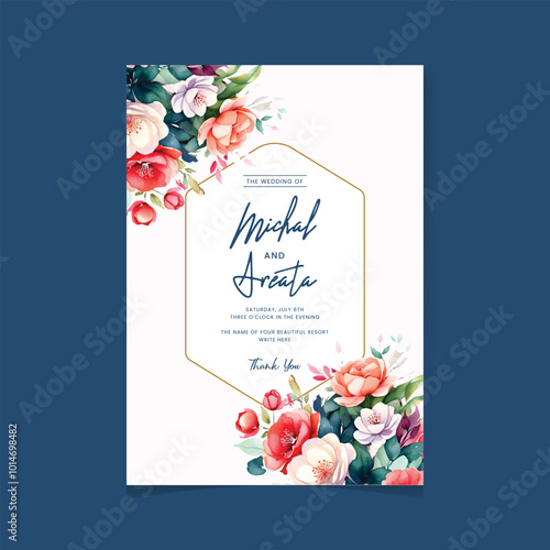 Wedding invitation card save the date with golden flowers leaves and branches