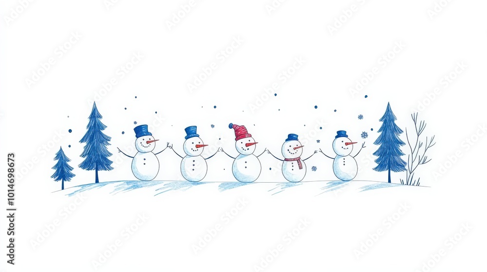 A minimalist one-line drawing of five snowman friends holding hands, there are tree snowman and two snowmen and walking down a snow-covered path A minimalist one-line drawing of five snowman friends holding hands, there are tree snowman and two snowmen and walking down a snow-covered path