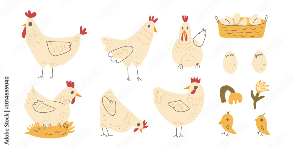 Set of chickens with eggs and flowers. Vector hand drawn farm elements. Hens and farmyard. Domestic birds collection illustration isolated on white background. Set of chickens with eggs and flowers. Vector hand drawn farm elements. Hens and farmyard. Domestic birds collection illustration isolated on white background.