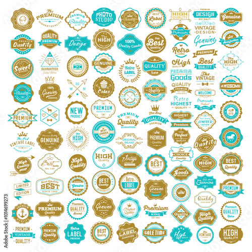 100 Labels and Logotypes design set. Retro Typography, Premium Quality design. Badges, Logos, Borders, Arrows, Ribbons, Icons.