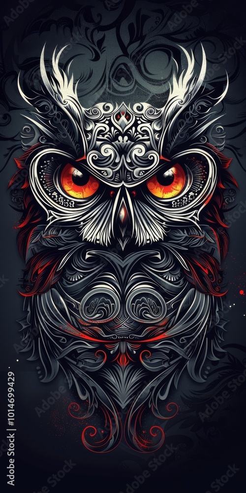 Owl head with ornate tribal decorations in a flat lay view. Owl head with ornate tribal decorations in a flat lay view.