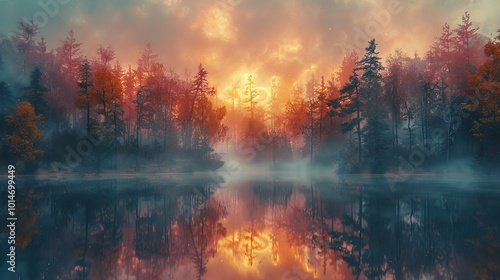 Misty Forest Lake at Sunset: A Serene Landscape