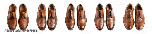 pair of brown leather men’s shoes isolated on a transparent or white background, top view, cut-out, PNG 