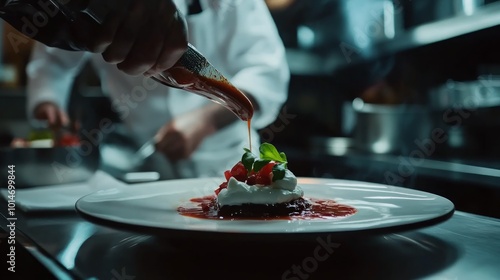 A chef in a white coat pours a red sauce over a plated dessert in a professional kitchen.