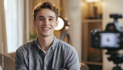 Smiling Young Man Filming a Video with a Camera