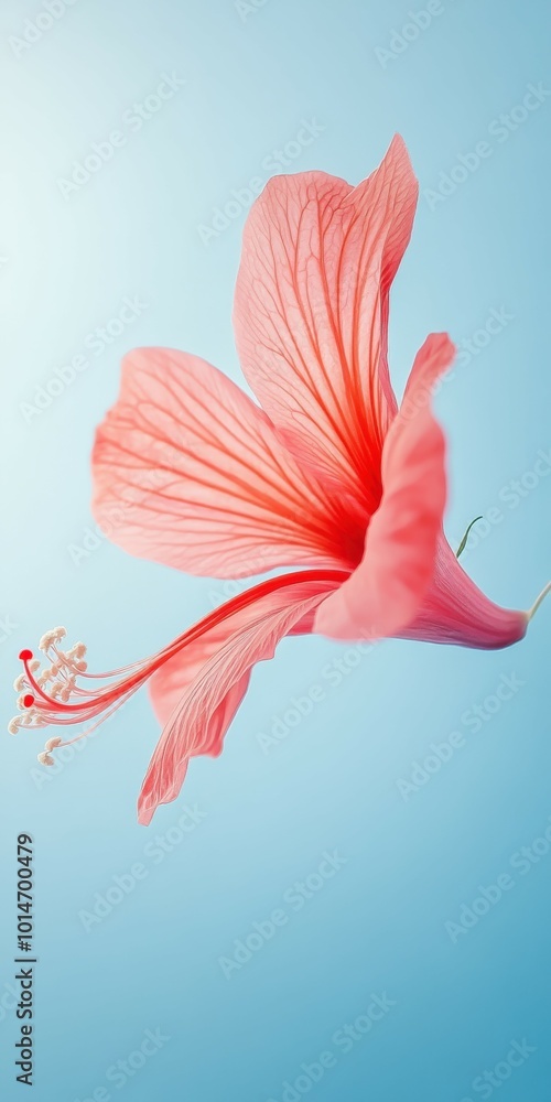 Obraz premium A vibrant pink flower soaring through the air against a blue background