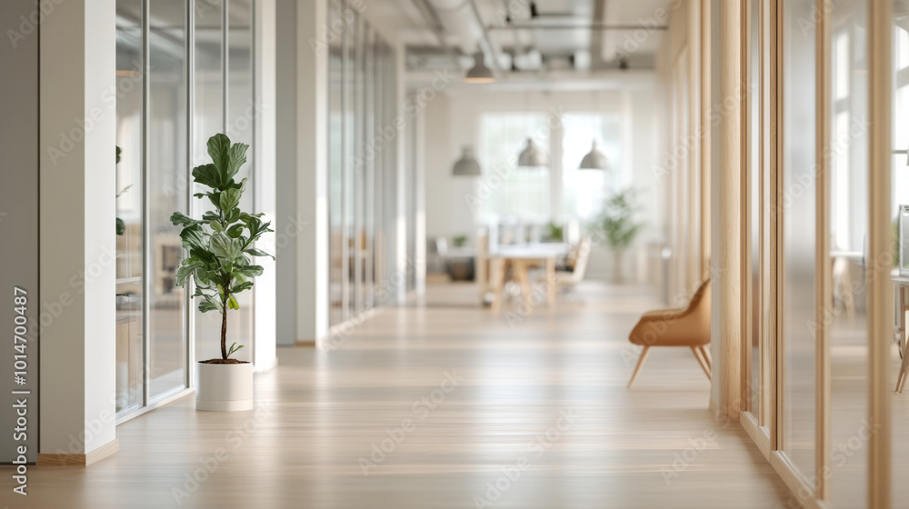 A modern office interior featuring spacious hallway with wooden flooring, glass partitions, and potted plant. design emphasizes bright and airy atmosphere, ideal for productivity A modern office interior featuring spacious hallway with wooden flooring, glass partitions, and potted plant. design emphasizes bright and airy atmosphere, ideal for productivity