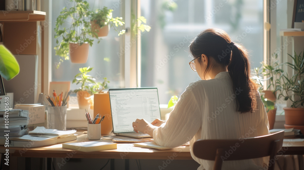 A woman works on her laptop in sunlit home office filled with plants, creating serene and productive atmosphere. warm light enhances cozy environment, perfect for focus and creativity A woman works on her laptop in sunlit home office filled with plants, creating serene and productive atmosphere. warm light enhances cozy environment, perfect for focus and creativity