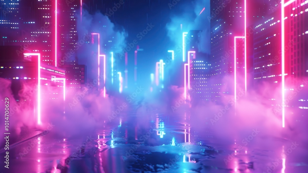 Mesmerizing scene of a futuristic neon lit cityscape with towering skyscrapers and vibrant illumination reflected in the shimmering waters of an urban environment Evocative of a or sci fi setting Mesmerizing scene of a futuristic neon lit cityscape with towering skyscrapers and vibrant illumination reflected in the shimmering waters of an urban environment Evocative of a or sci fi setting
