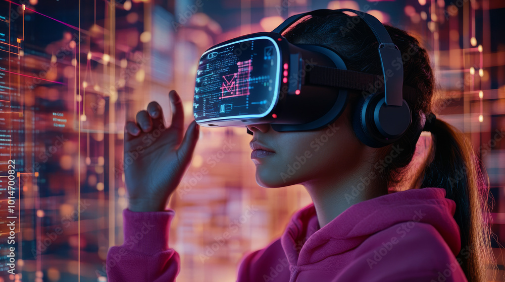 Immersed in virtual world, young woman wears VR headset, exploring digital landscapes filled with vibrant data streams and futuristic graphics Immersed in virtual world, young woman wears VR headset, exploring digital landscapes filled with vibrant data streams and futuristic graphics